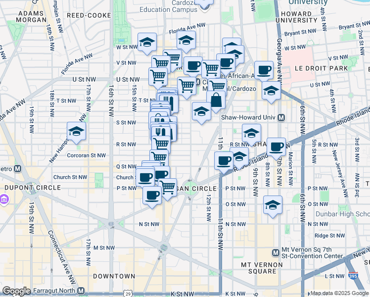 map of restaurants, bars, coffee shops, grocery stores, and more near 1310 R Street Northwest in Washington