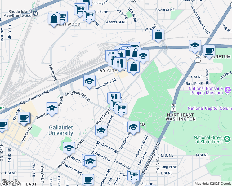 map of restaurants, bars, coffee shops, grocery stores, and more near 1918 Capitol Avenue Northeast in Washington