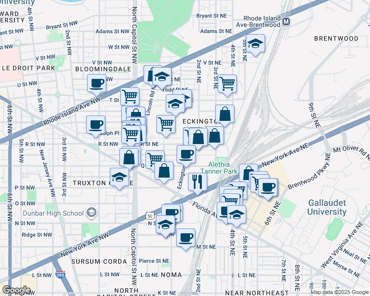 map of restaurants, bars, coffee shops, grocery stores, and more near 149 R Street Northeast in Washington