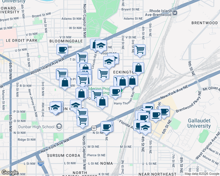 map of restaurants, bars, coffee shops, grocery stores, and more near 101 Independence Avenue Southeast in Washington