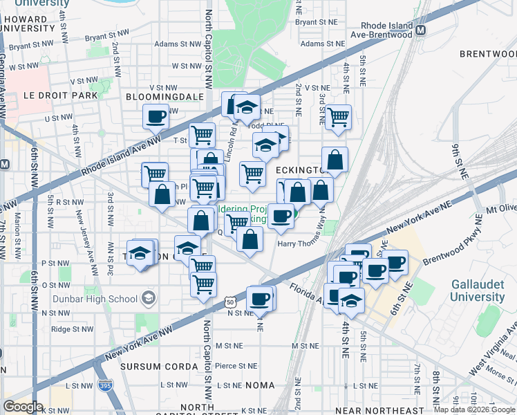 map of restaurants, bars, coffee shops, grocery stores, and more near 101 Independence Avenue Southeast in Washington