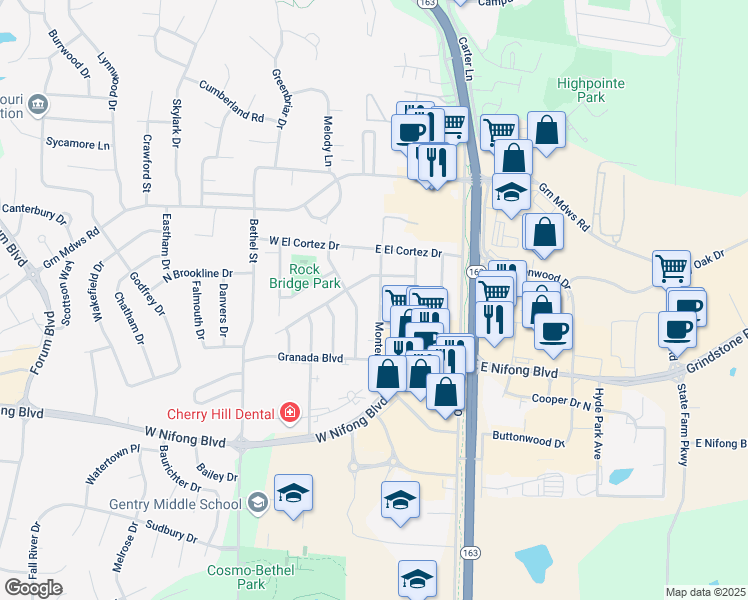 map of restaurants, bars, coffee shops, grocery stores, and more near 3513 Monterey Drive in Columbia