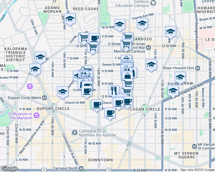 map of restaurants, bars, coffee shops, grocery stores, and more near 1508 R Street Northwest in Washington