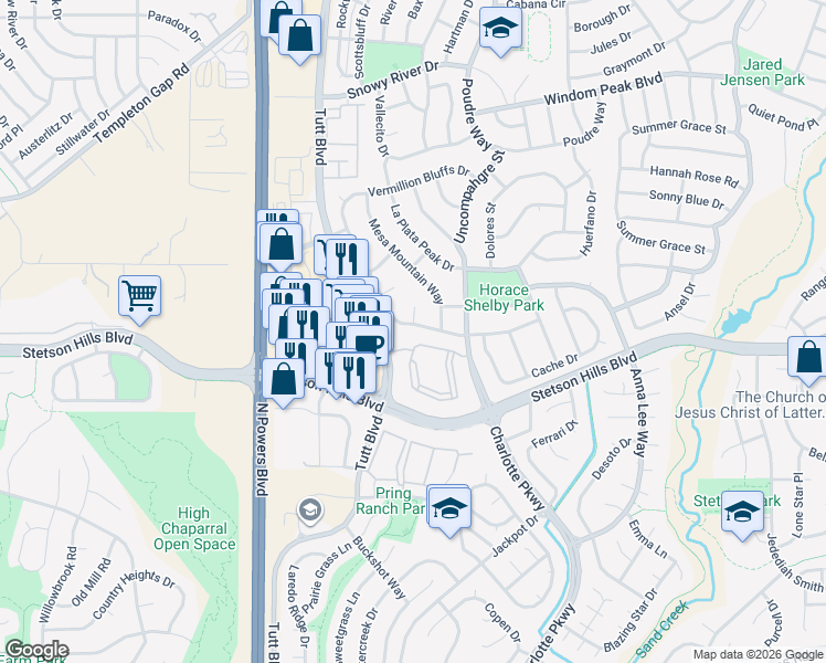 map of restaurants, bars, coffee shops, grocery stores, and more near 5619 Grays Peak Court in Colorado Springs