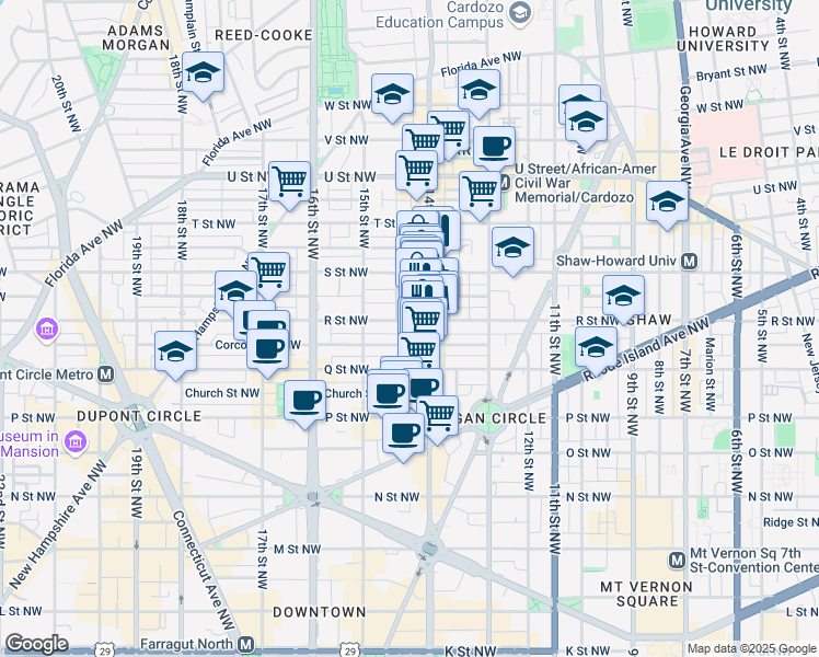 map of restaurants, bars, coffee shops, grocery stores, and more near 1416 R Street Northwest in Washington