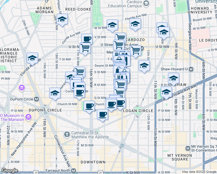 map of restaurants, bars, coffee shops, grocery stores, and more near 1436 R Street Northwest in Washington