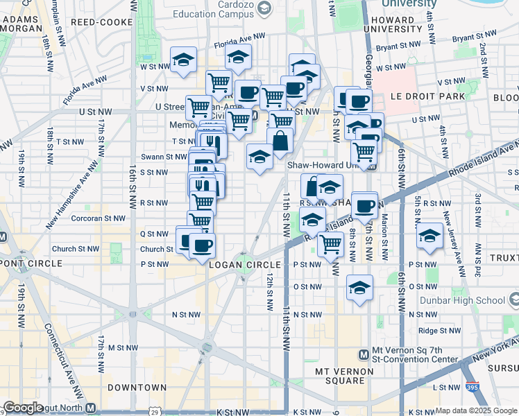 map of restaurants, bars, coffee shops, grocery stores, and more near 1210 R Street Northwest in Washington