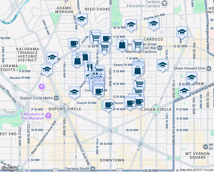 map of restaurants, bars, coffee shops, grocery stores, and more near 1640 16th Street Northwest in Washington