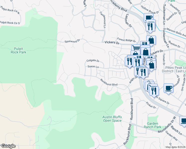 map of restaurants, bars, coffee shops, grocery stores, and more near 5670 Mercer Drive in Colorado Springs