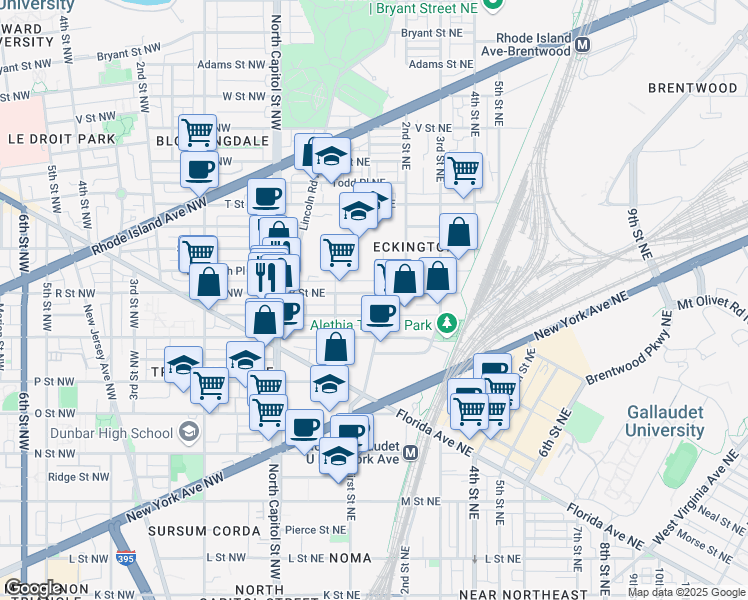 map of restaurants, bars, coffee shops, grocery stores, and more near 147 R Street Northeast in Washington