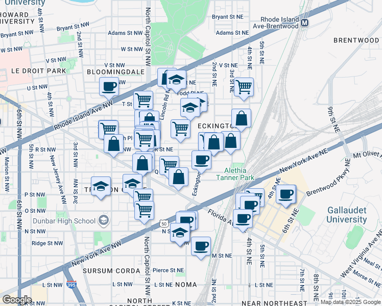 map of restaurants, bars, coffee shops, grocery stores, and more near 129 R Street Northeast in Washington