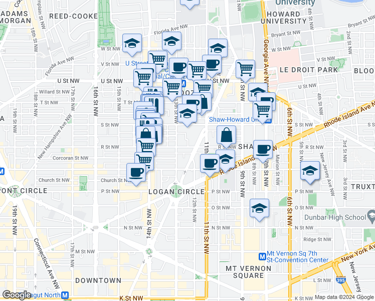 map of restaurants, bars, coffee shops, grocery stores, and more near 1210 R Street Northwest in Washington