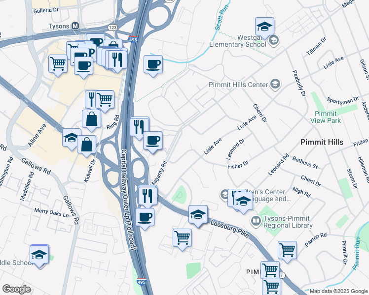 map of restaurants, bars, coffee shops, grocery stores, and more near 7714 Fisher Drive in Falls Church