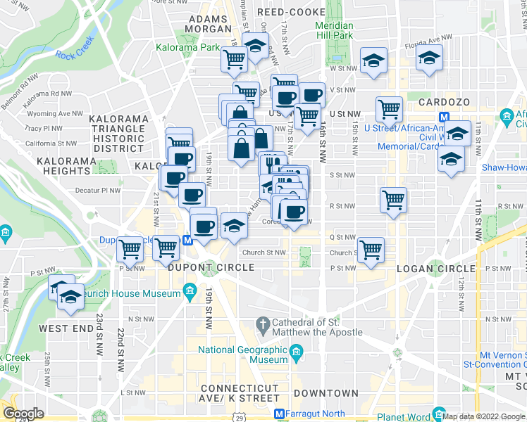 map of restaurants, bars, coffee shops, grocery stores, and more near 1738 R Street Northwest in Washington