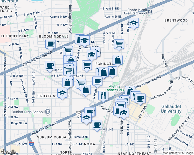map of restaurants, bars, coffee shops, grocery stores, and more near 149 R Street Northeast in Washington