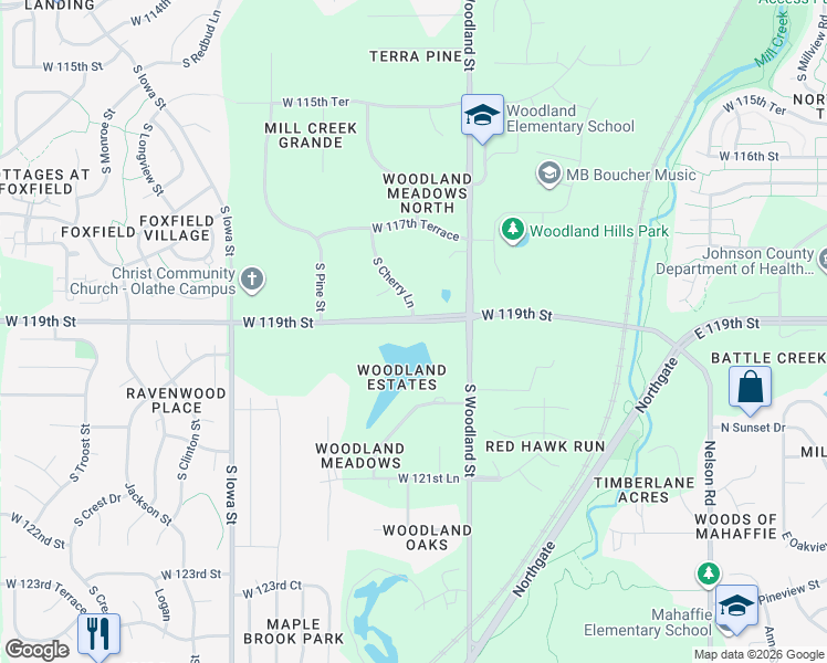 map of restaurants, bars, coffee shops, grocery stores, and more near 20095 West 119th Street in Olathe