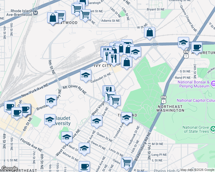 map of restaurants, bars, coffee shops, grocery stores, and more near 101 Independence Avenue Southeast in Washington