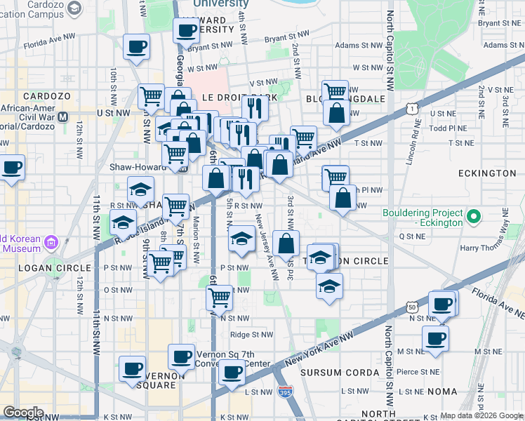 map of restaurants, bars, coffee shops, grocery stores, and more near 101 Independence Avenue Southeast in Washington