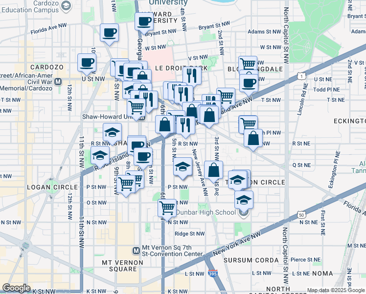 map of restaurants, bars, coffee shops, grocery stores, and more near 440 R Street Northwest in Washington