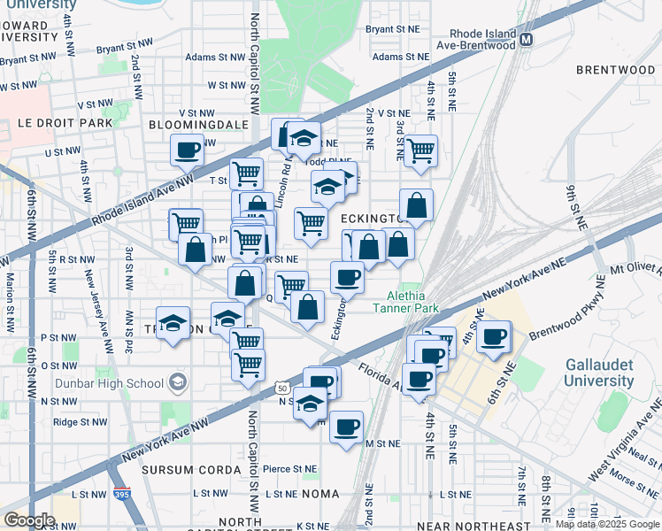 map of restaurants, bars, coffee shops, grocery stores, and more near 129 R Street Northeast in Washington
