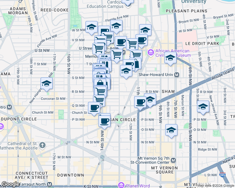map of restaurants, bars, coffee shops, grocery stores, and more near 1302 R Street Northwest in Washington
