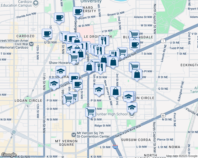 map of restaurants, bars, coffee shops, grocery stores, and more near 440 R Street Northwest in Washington