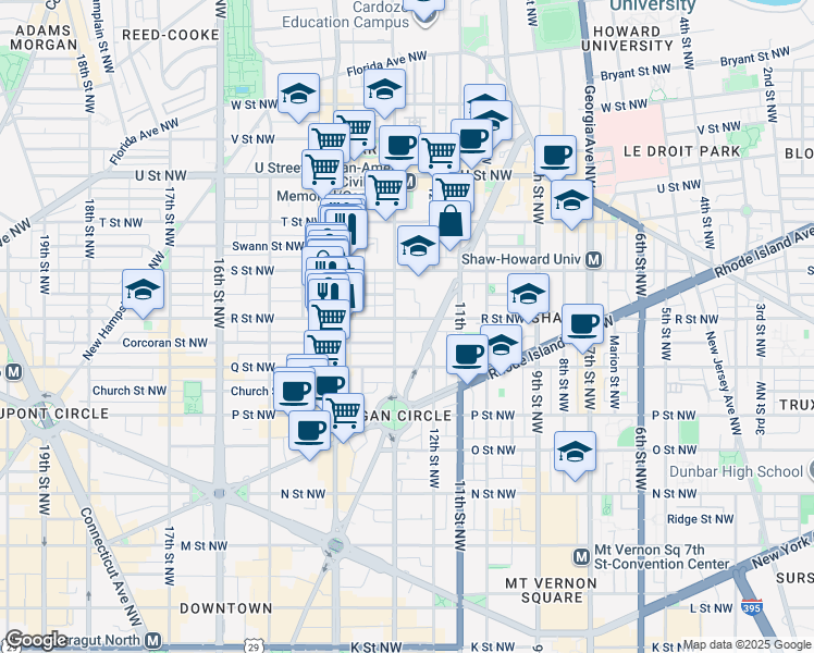 map of restaurants, bars, coffee shops, grocery stores, and more near 1226 R Street Northwest in Washington
