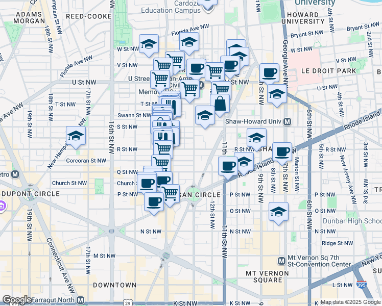 map of restaurants, bars, coffee shops, grocery stores, and more near 1302 R Street Northwest in Washington