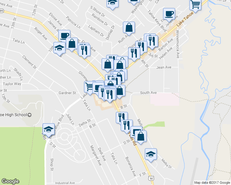 map of restaurants, bars, coffee shops, grocery stores, and more near 1035 Emerald Bay Road in South Lake Tahoe