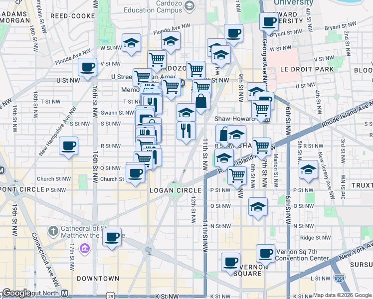 map of restaurants, bars, coffee shops, grocery stores, and more near 1210 R Street Northwest in Washington