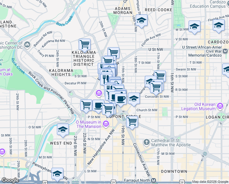 map of restaurants, bars, coffee shops, grocery stores, and more near 1645 Connecticut Avenue Northwest in Washington