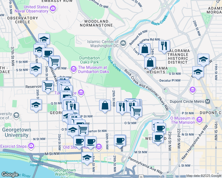 map of restaurants, bars, coffee shops, grocery stores, and more near 2908 R Street Northwest in Washington