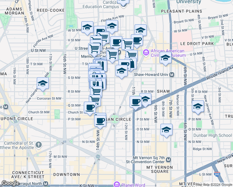 map of restaurants, bars, coffee shops, grocery stores, and more near 1643 13th Street Northwest in Washington