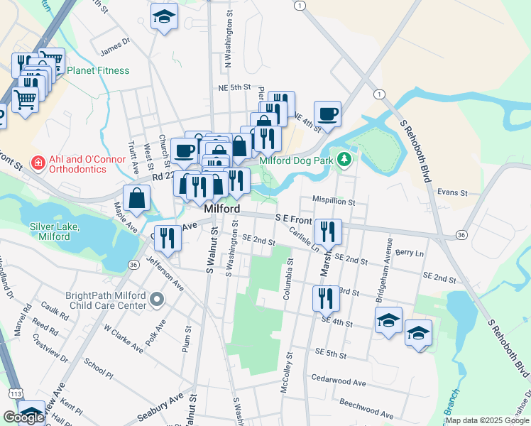 map of restaurants, bars, coffee shops, grocery stores, and more near 205 South East Front Street in Milford