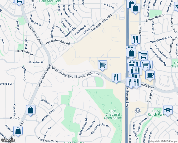 map of restaurants, bars, coffee shops, grocery stores, and more near 5420 Prominence Point in Colorado Springs