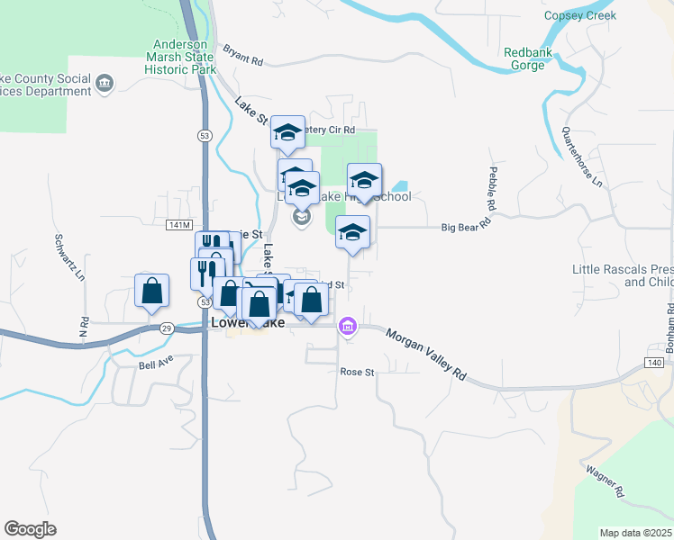 map of restaurants, bars, coffee shops, grocery stores, and more near 9657 Winchester Street in Lower Lake