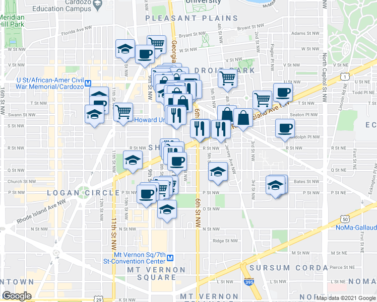 map of restaurants, bars, coffee shops, grocery stores, and more near 611 Rhode Island Avenue Northwest in Washington