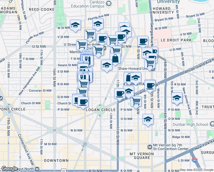 map of restaurants, bars, coffee shops, grocery stores, and more near 1210 R Street Northwest in Washington
