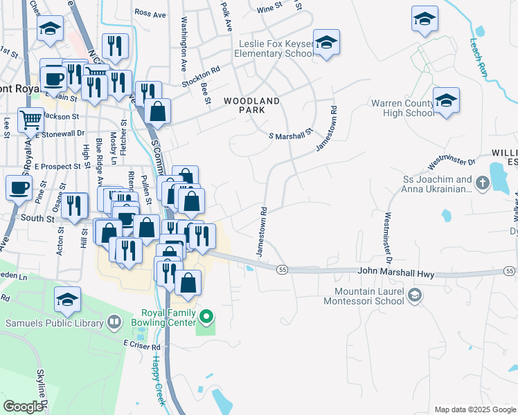 map of restaurants, bars, coffee shops, grocery stores, and more near 23 Portsmouth Road in Front Royal