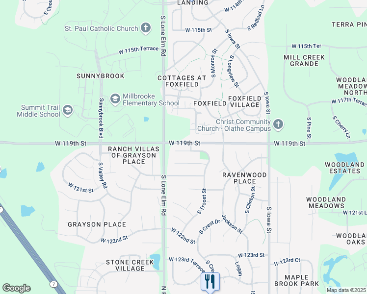 map of restaurants, bars, coffee shops, grocery stores, and more near 21380 West 119th Terrace in Olathe
