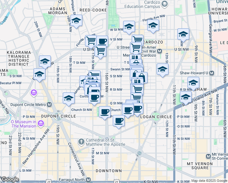 map of restaurants, bars, coffee shops, grocery stores, and more near 1516 R Street Northwest in Washington