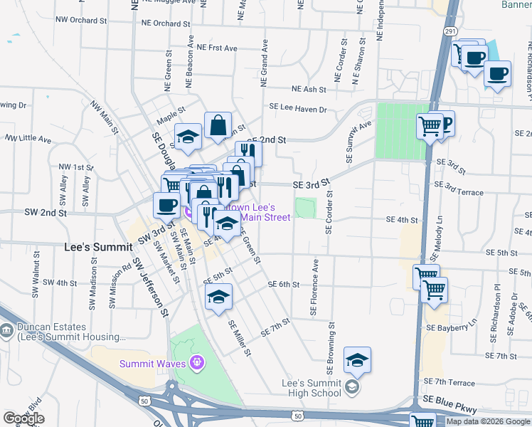 map of restaurants, bars, coffee shops, grocery stores, and more near 313 Southeast Grand Avenue in Lee's Summit