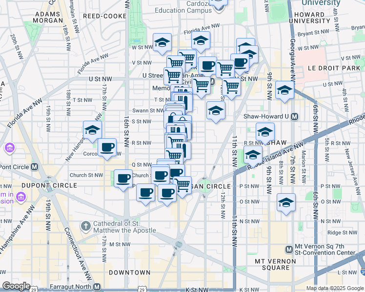 map of restaurants, bars, coffee shops, grocery stores, and more near 1350 R Street Northwest in Washington