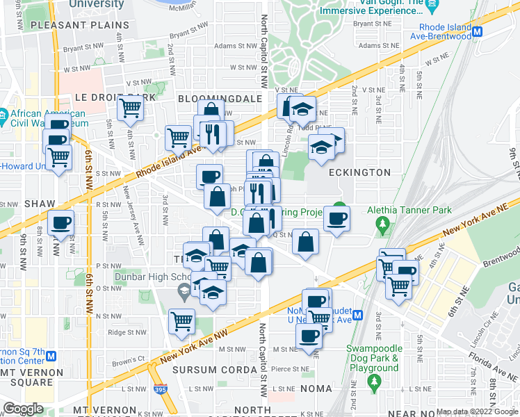 map of restaurants, bars, coffee shops, grocery stores, and more near 101 Independence Avenue Southeast in Washington