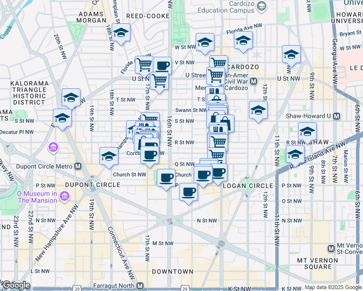 map of restaurants, bars, coffee shops, grocery stores, and more near 1516 R Street Northwest in Washington