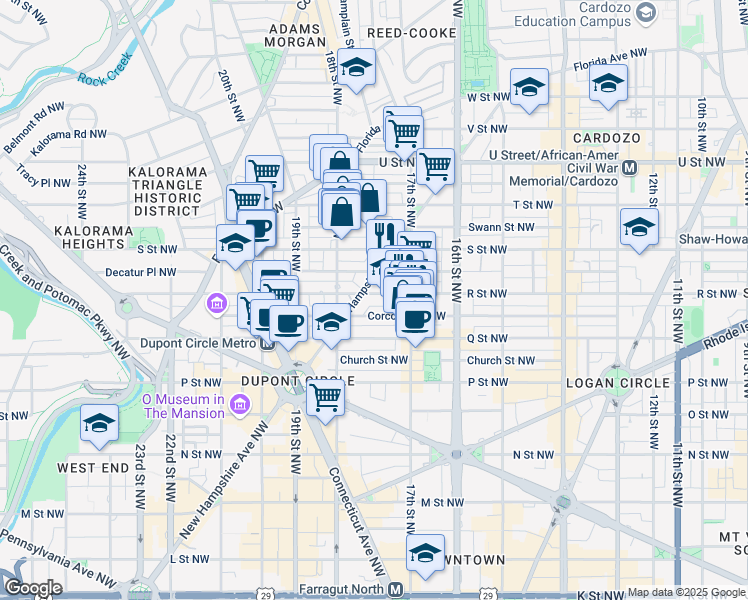 map of restaurants, bars, coffee shops, grocery stores, and more near 1738 R Street Northwest in Washington