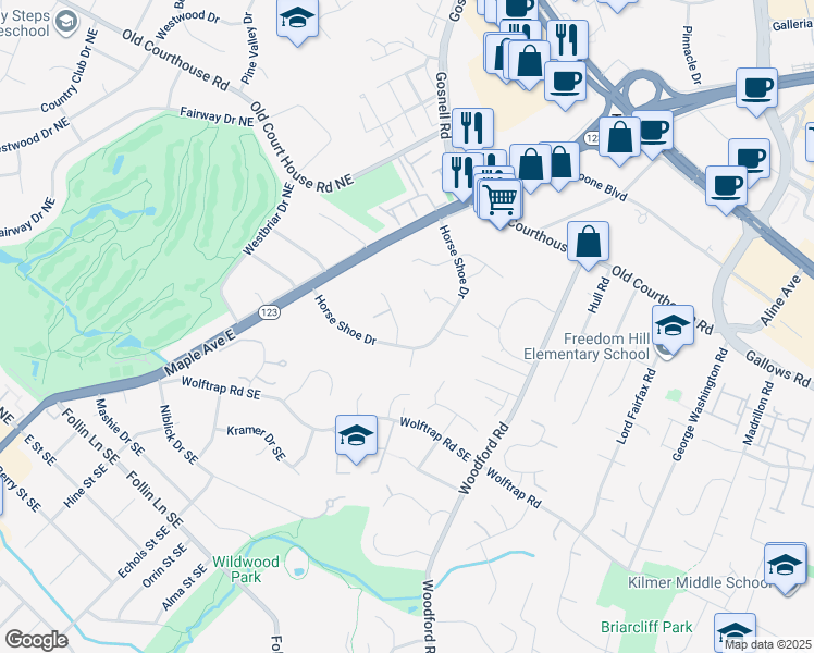 map of restaurants, bars, coffee shops, grocery stores, and more near 1919 Gables Lane in Vienna