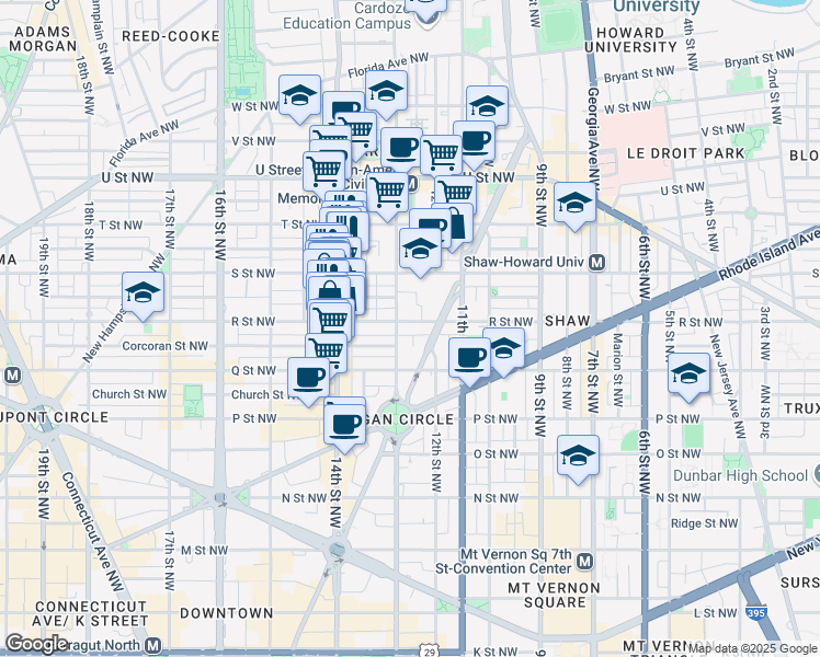map of restaurants, bars, coffee shops, grocery stores, and more near 1226 R Street Northwest in Washington