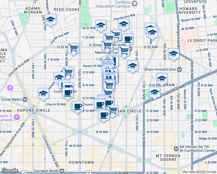map of restaurants, bars, coffee shops, grocery stores, and more near 1634 14th Street Northwest in Washington