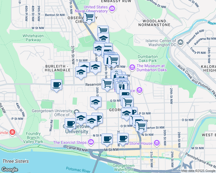 map of restaurants, bars, coffee shops, grocery stores, and more near 1671 34th Street Northwest in Washington